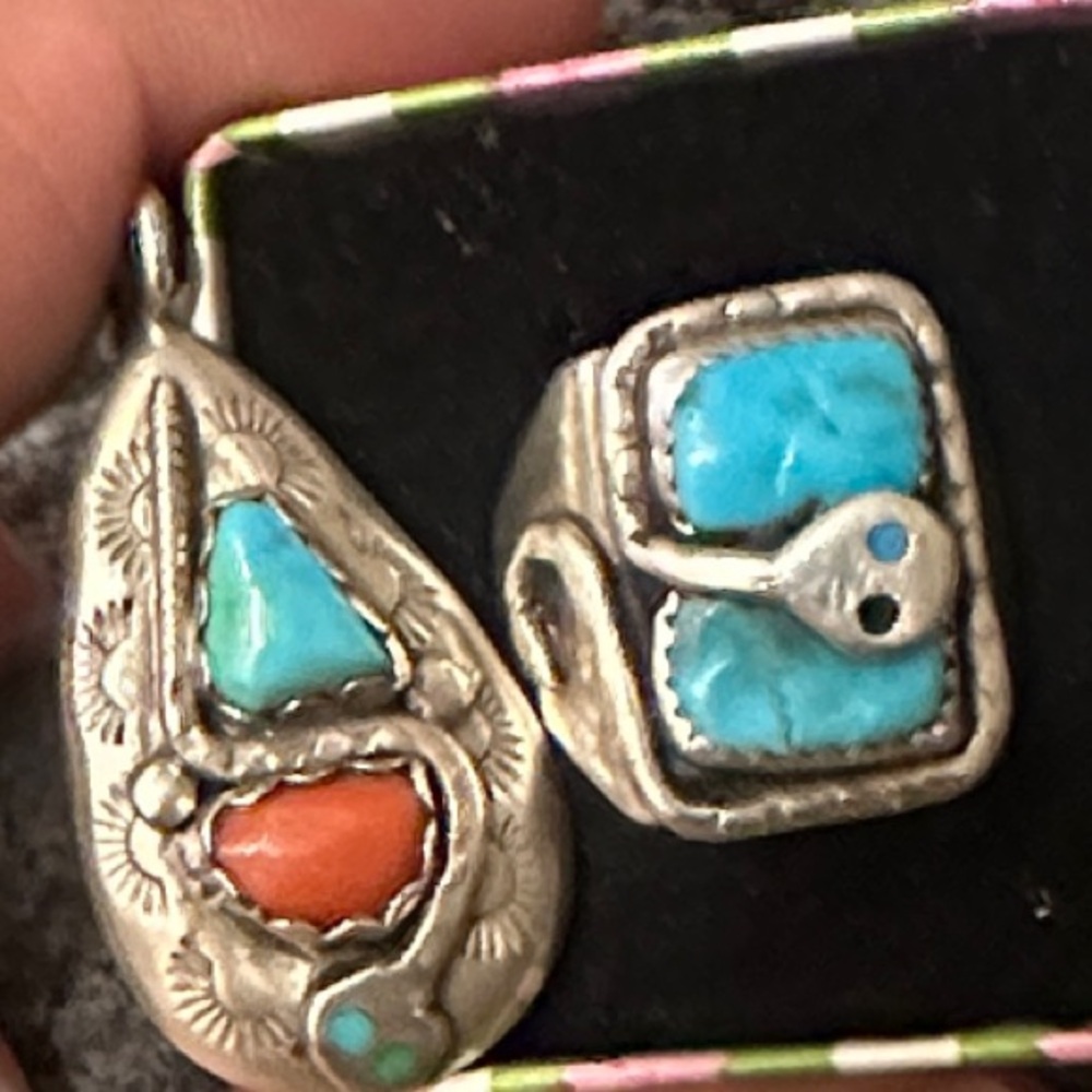Turquoise and Coral Silver Pendant Set Effie Calvarez Zuni Ring 10.5 size